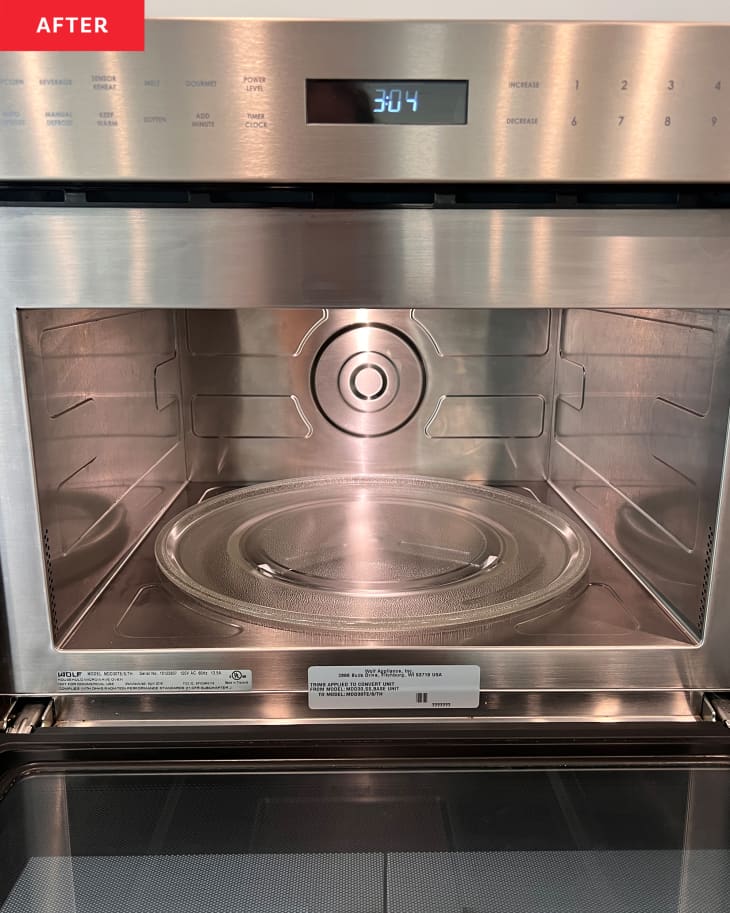 Clean interior of a microwave after being cleaned with a dishwasher tablet