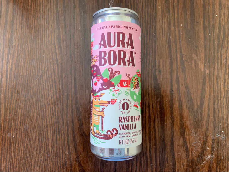 A can of Aura Bora Raspberry Vanilla Sparkling Water
