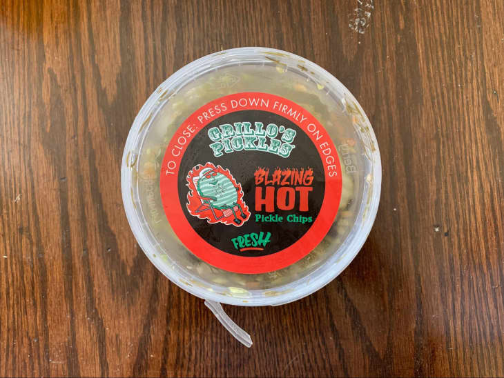 A container of Grillo's Pickles Blazing Hot Pickle Chips