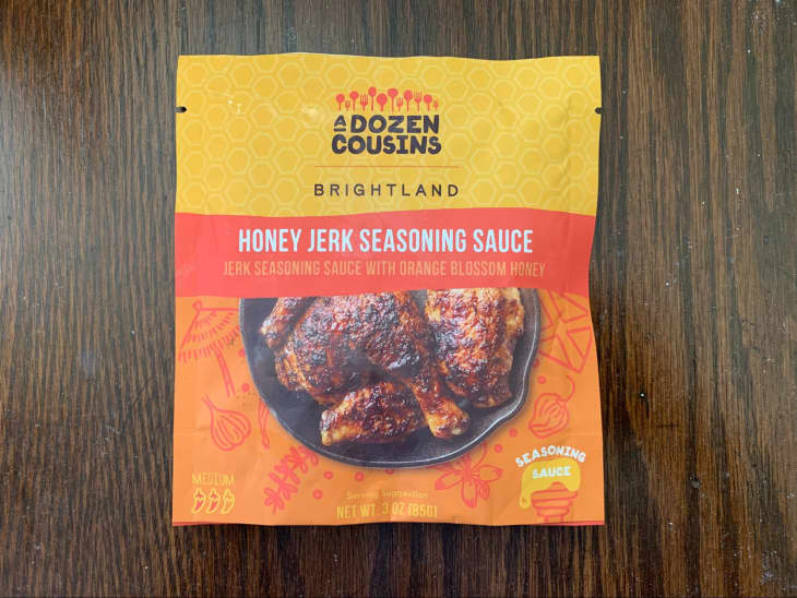 A package of A Dozen Cousins Honey Jerk Seasoning Sauce