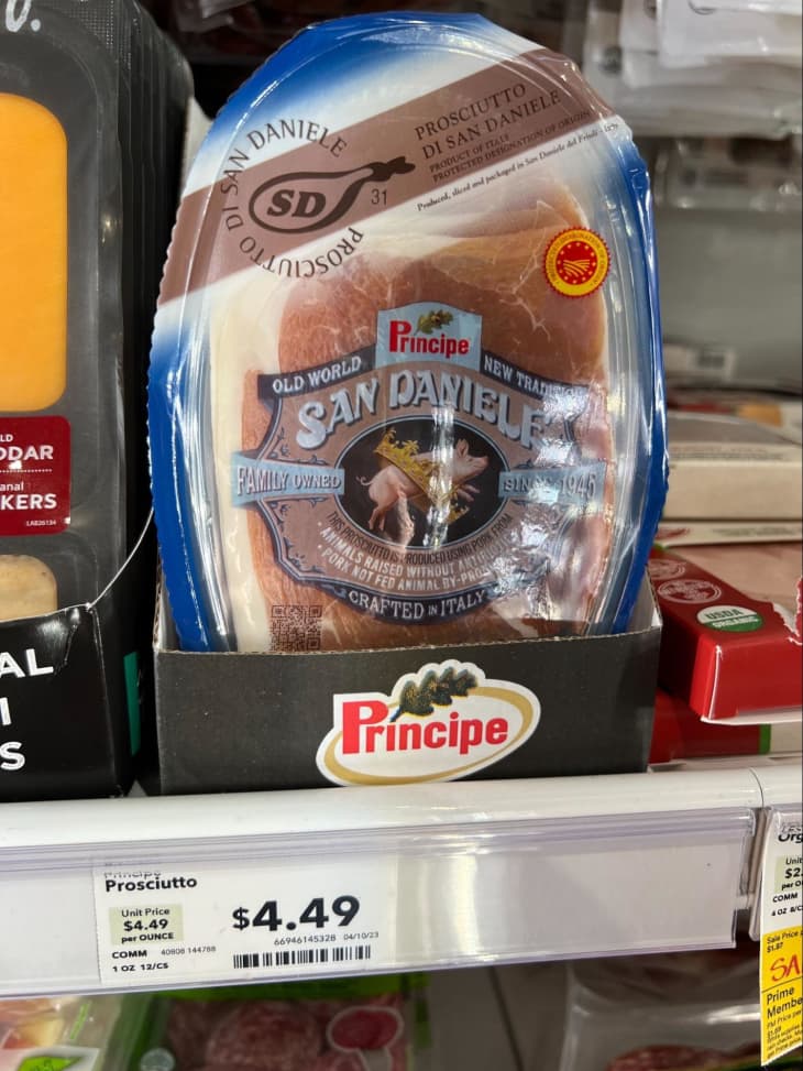 Prosciutto in package in grocery store.