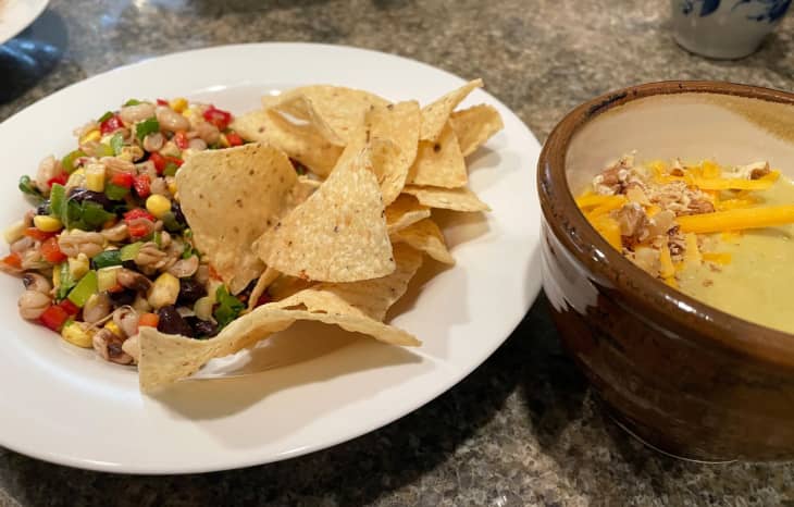 Texas Caviar, a fresh corn and bean salad with south western spices, tortilla chips, Poblano Soup