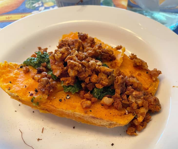 Pesto “Meat” Crumbles over Baked Sweet Potato