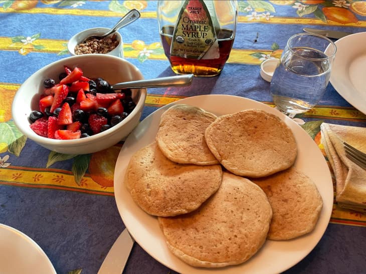 Frozen Sourdough Pancakes with Berries, Syrup and Toasted Pecans