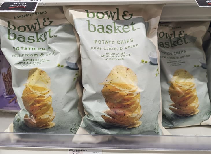 Photo of ShopRite Bowl Basket Sour Cream &amp; Onion chips on store shelves.