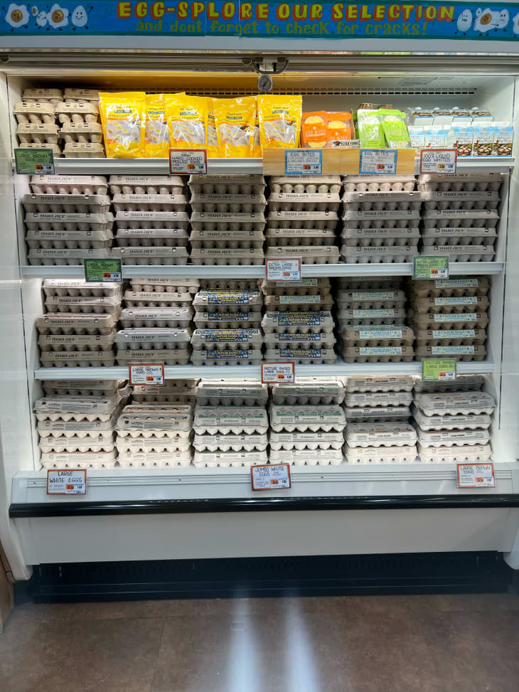 Variety of refrigerated eggs at Trader Joe's.