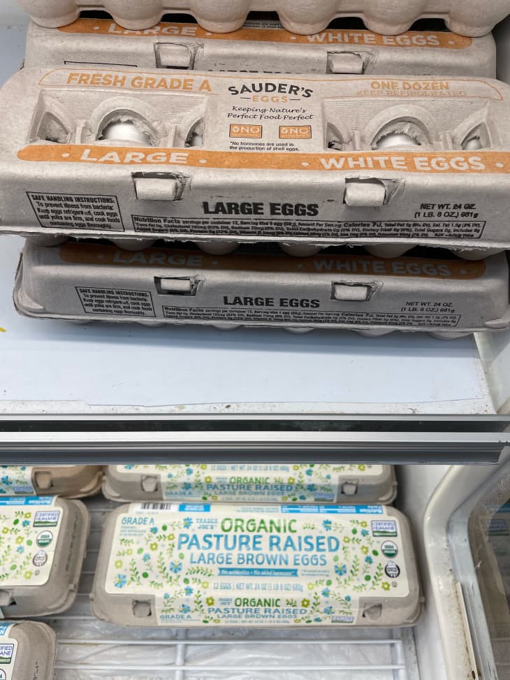 Carton of eggs in refrigerator at Trader Joe's.