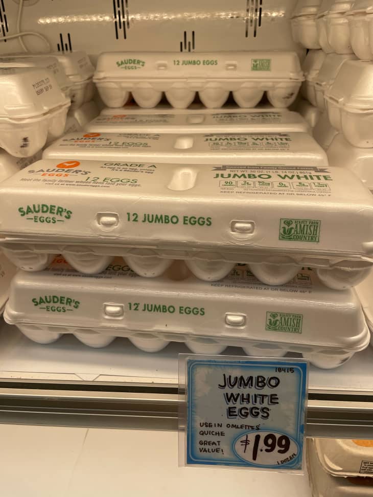 Styrofoam egg carton in Trader Joe's refrigerator.