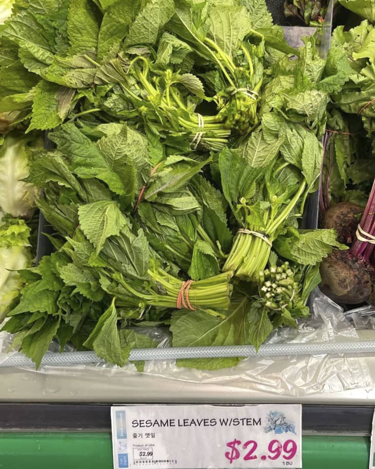 Sesame Leaves with Stem on display at H Mart