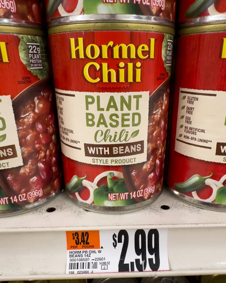 red can of hormel plant based chili on shelf in store