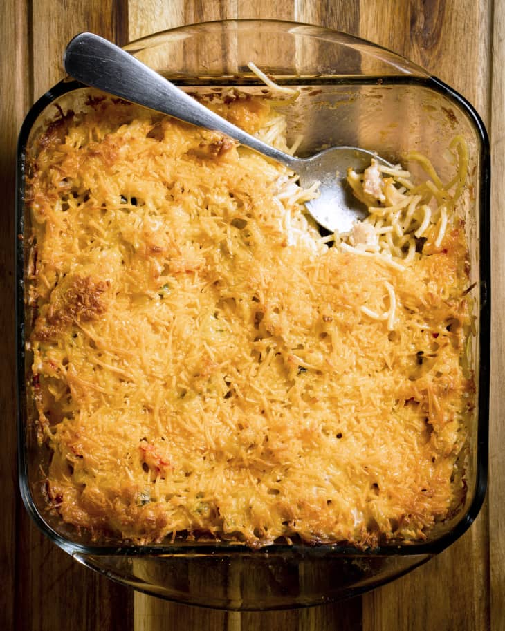 Overhead photo of the Pioneer Woman’s Chicken Spaghetti in a glass dish