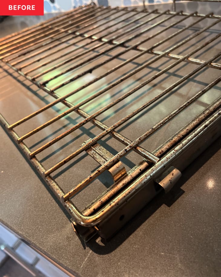 A dirty oven rack before cleaning.