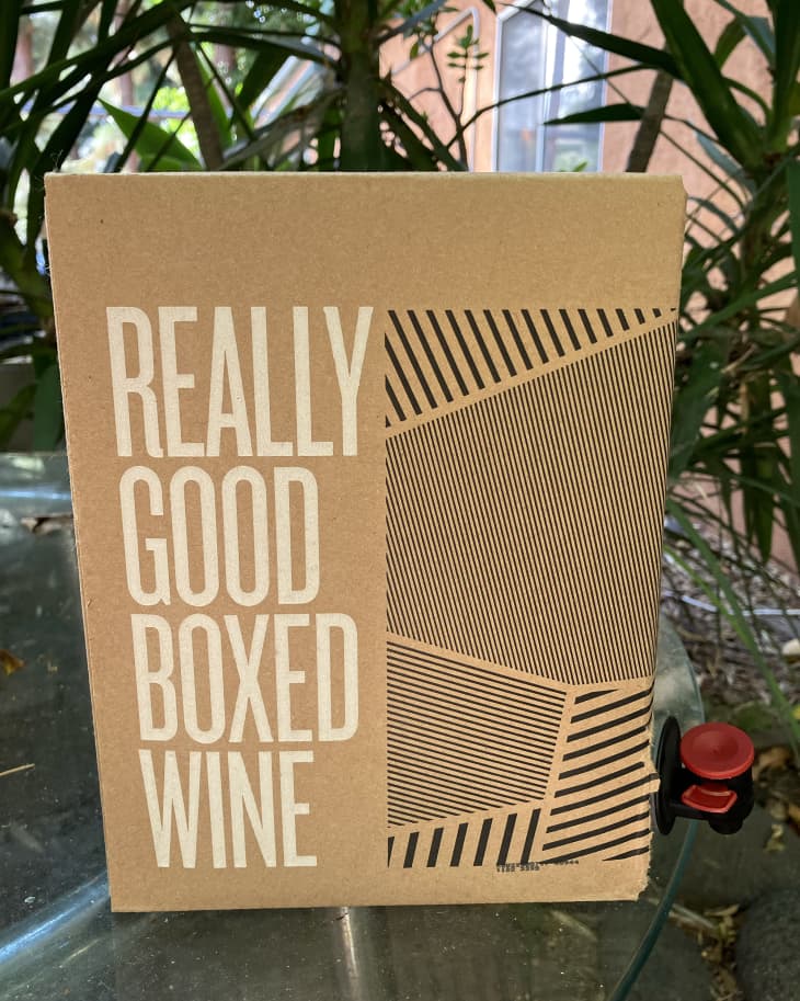 Really Good Boxed Wine brand Sauvignon Blanc boxed wine on table