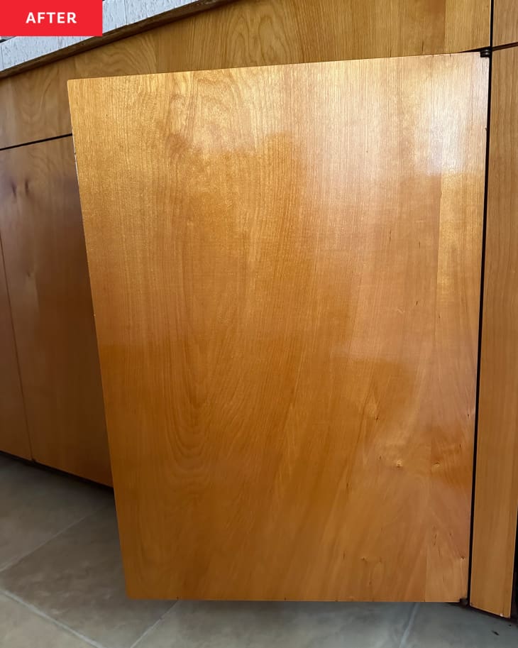 Wood kitchen cabinet after cleaning with Parker &amp; Bailey cleaner