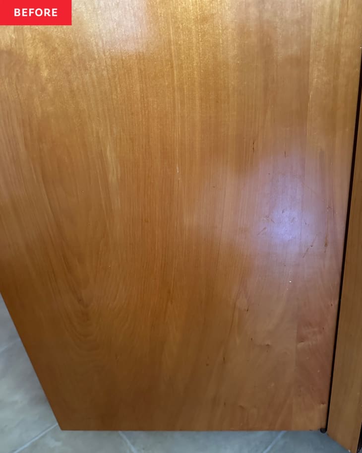 Wood kitchen cabinet before cleaning with Parker &amp; Bailey cleaner