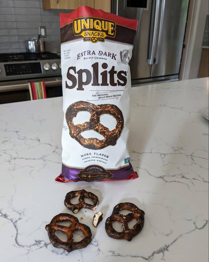 Unique Snacks Extra Dark Splits Pretzels on kitchen counter