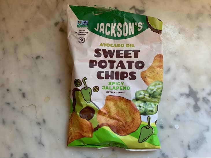 bag of sweet potato chips with picture of chip and jalepeno's on front