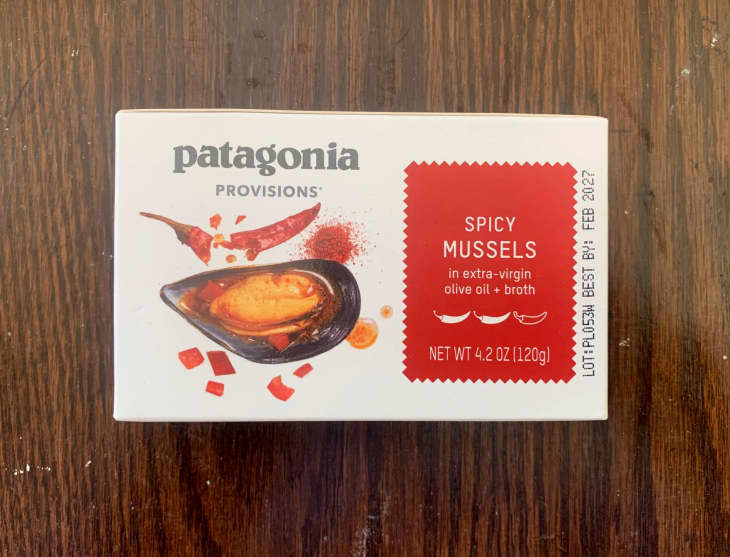 Patagonia Provisions Spicy Mussels on wood surface