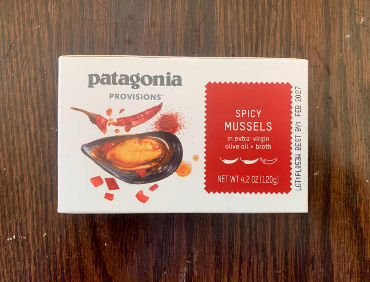 Patagonia Provisions Spicy Mussels on wood surface