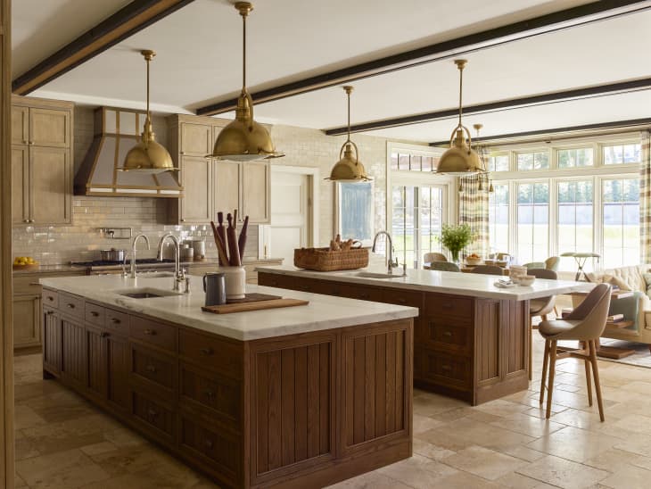 warm hued kitchen with double kitchen islands