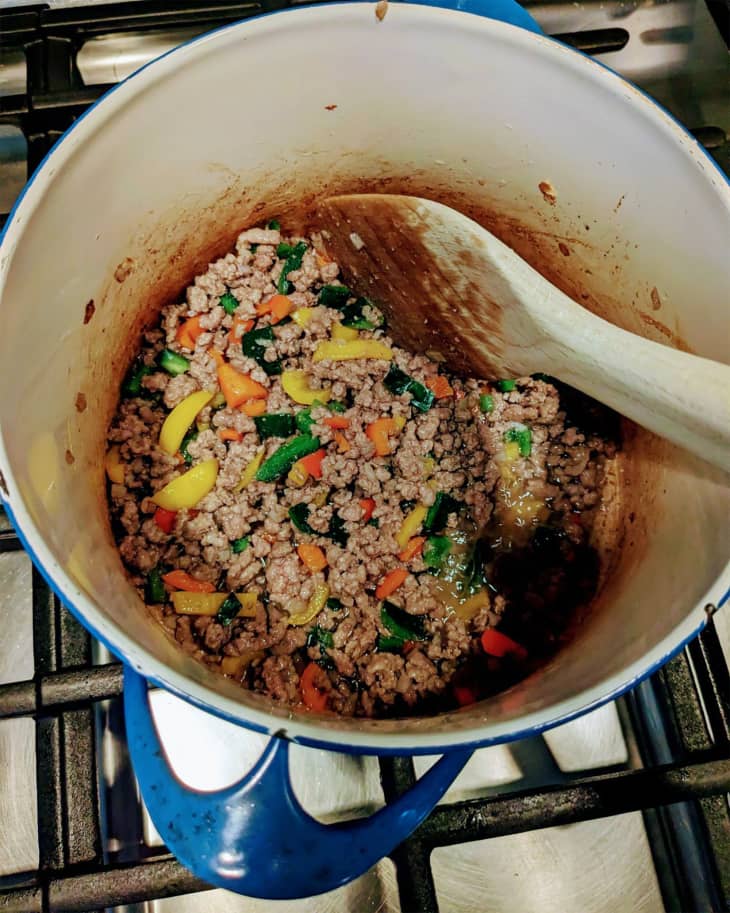 Ground beef in pot.