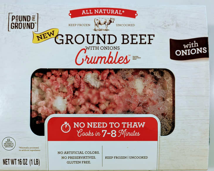 Package of ground beef with onion crumbles.