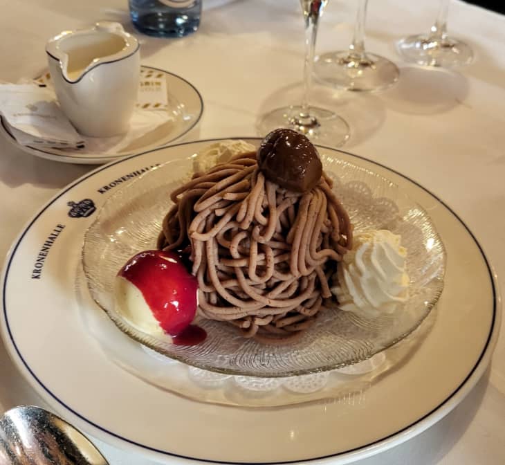 Mont Blanc chestnut dessert on table