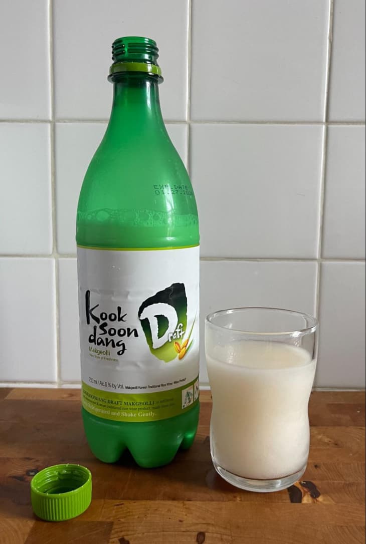 Kooksoondang Draft Makgeolli bottle with some in glass
