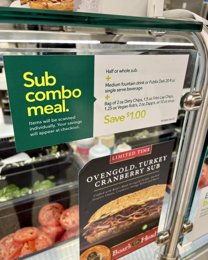 sign at publix advertising their sub combo meal