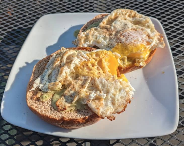 bagels with fried egg on top