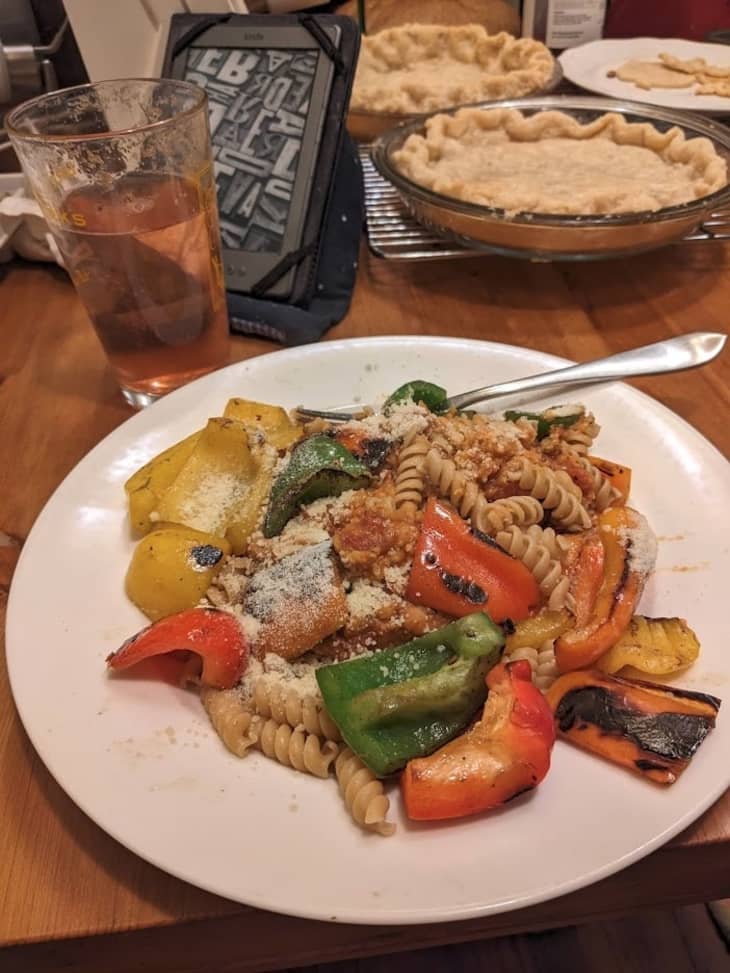 plate of grilled peppers with rotini pasta noodles