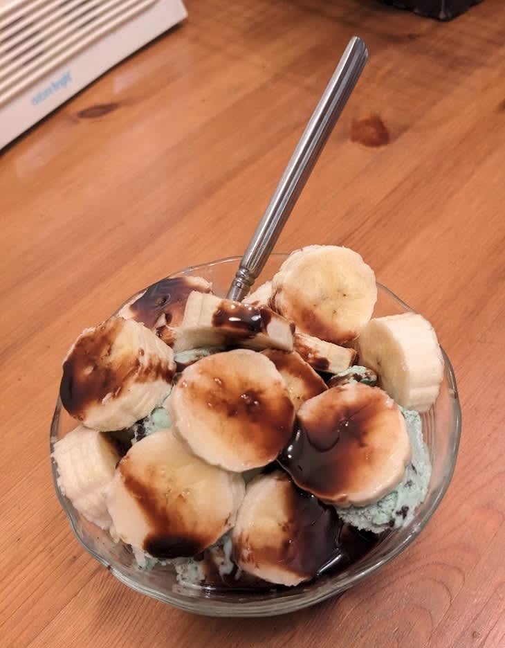 bowl of ice cream with bananas and chocolate sauce
