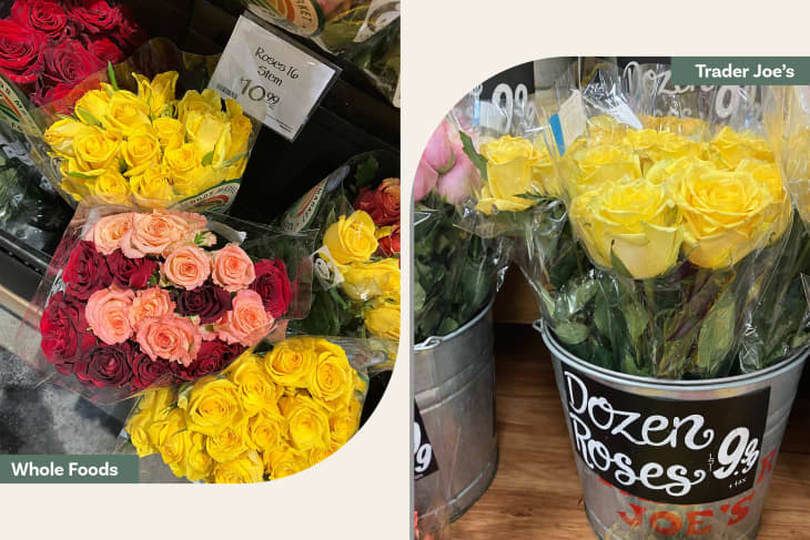 Whole Foods and Trader Joe's roses side by side.