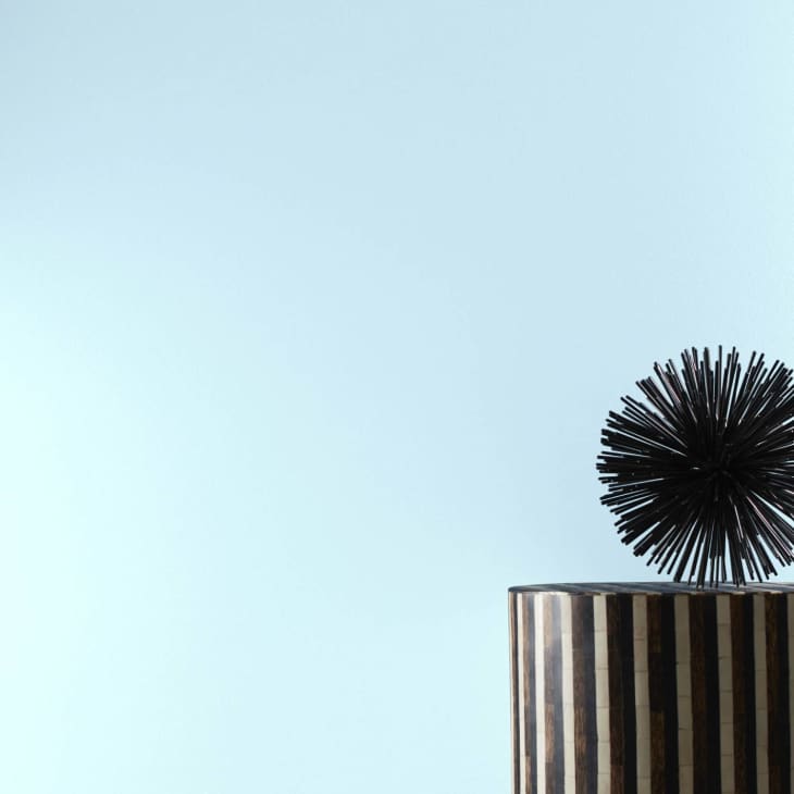 Light blue wall with black spikey ball on wood table