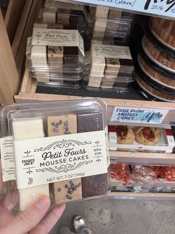 petit mousse cake sample boxes on shelf with price tag