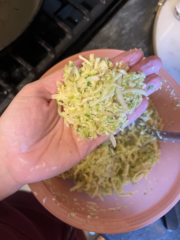 Brussels sprouts latkes in hand.