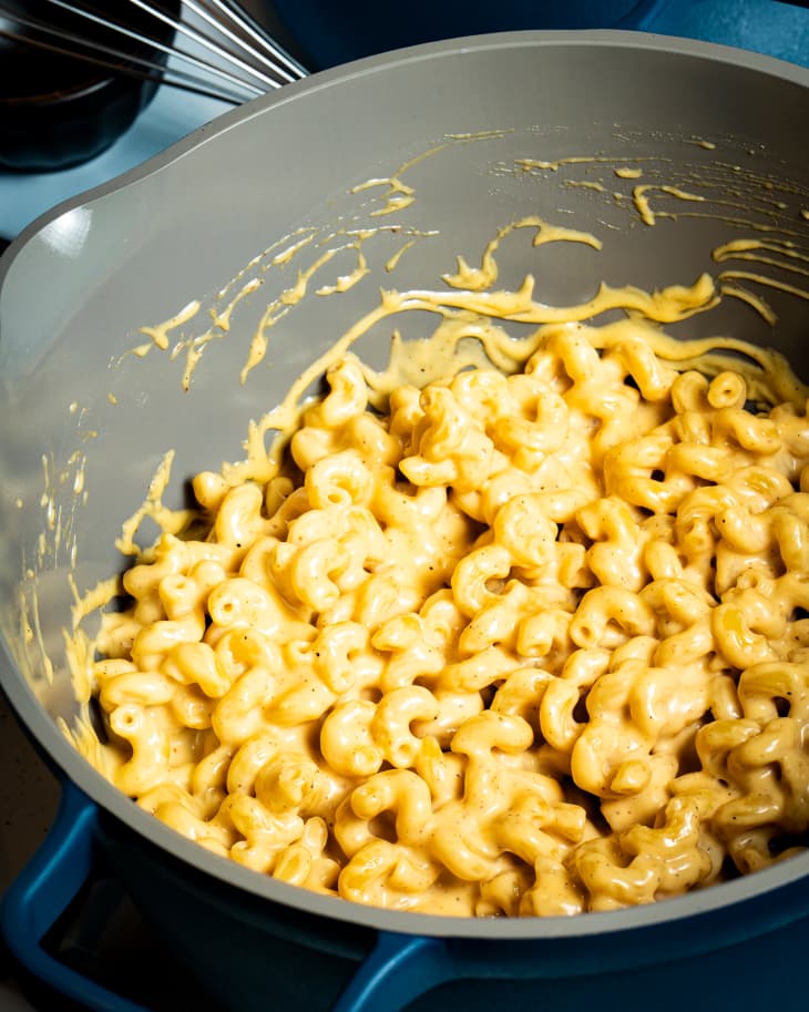 Mac and cheese in bowl before baking.