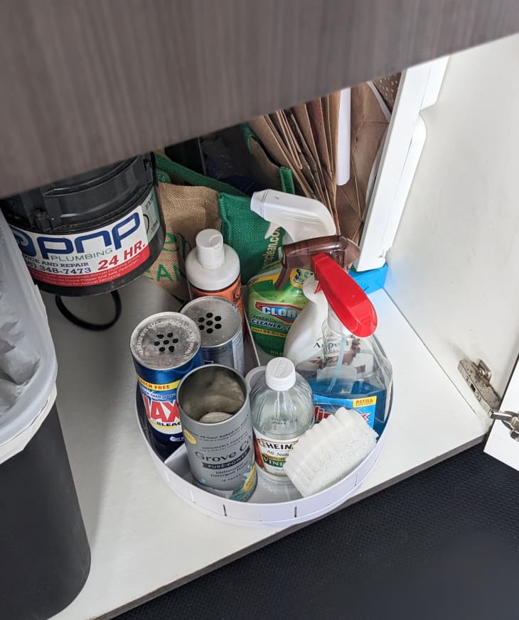 Cleaning products in a turntable under a sink