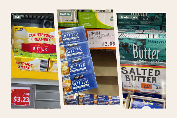Triptych of 3 photos. Left: Aldi salted butter on store shelf, Middle: Costco salted butter on store shelf, Right: Trader Joe's salted butter on store shelf