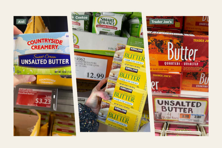 Triptych of 3 photos. Left: Aldi unsalted butter on store shelf, Middle: Costco unsalted butter on store shelf, Right: Trader Joe's unsalted butter on store shelf