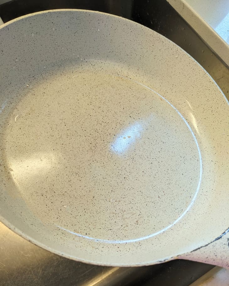 clean ceramic pan after being washed with Seventh Generation Foaming Dish Spray