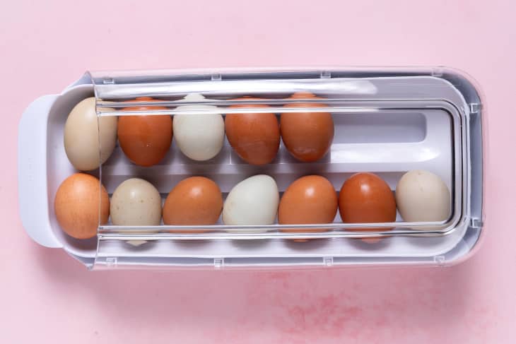 Overhead photo of eggs in a YouCopia FridgeView Rolling Egg Holder