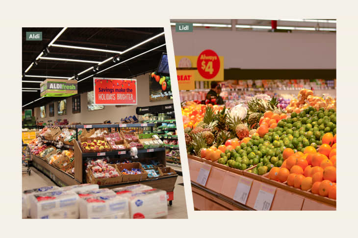 Left: Dayton Ohio March 29, 2021 Customer shops in Aldi Grocery Market during Covid-19 pandemic.

Right: Supermarket Retail Store Assortment of fruits &amp; vegetables shelves in aisles decorated by visual merchandisers. Modern stores use display marketing methods to attract buyers