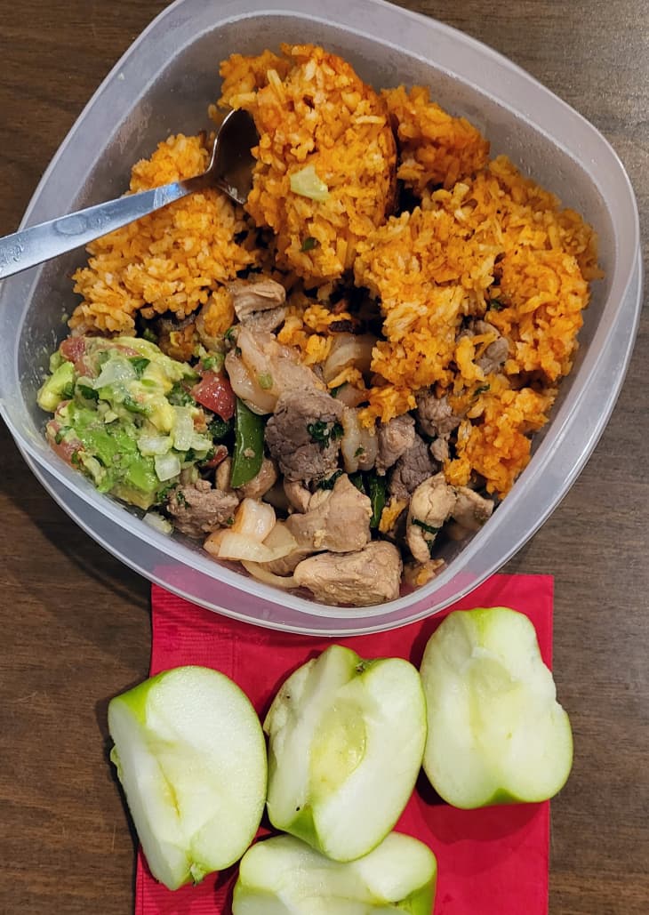 Leftover Fajitas with Rice and Pico and apple slices