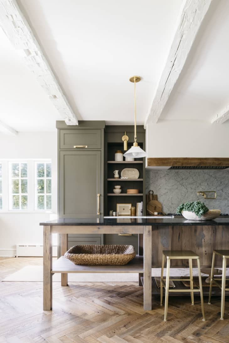 Olive Green, Black, and Rustic Wood Kitchen