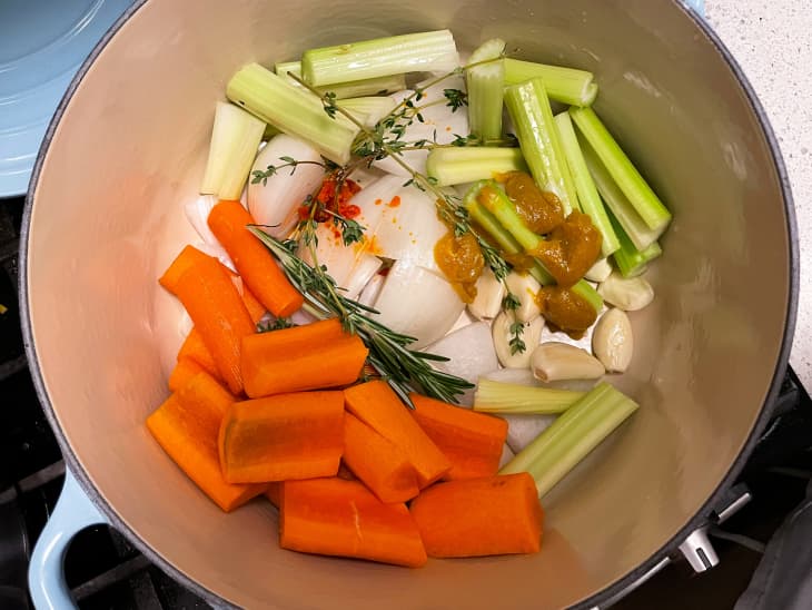 Carrots, celery, onion soup starter in Dutch oven.