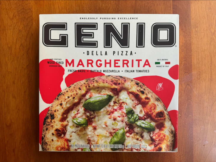 Genio frozen pizza in box.