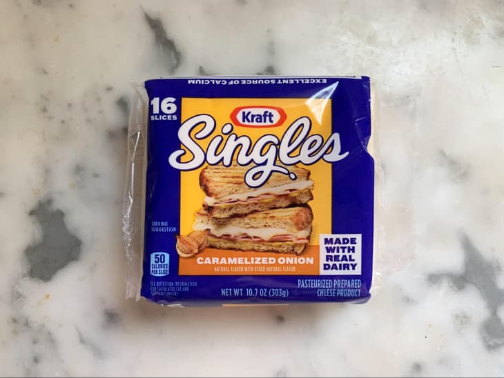 Kraft Singles Caramelized Onion Slices on marble counter