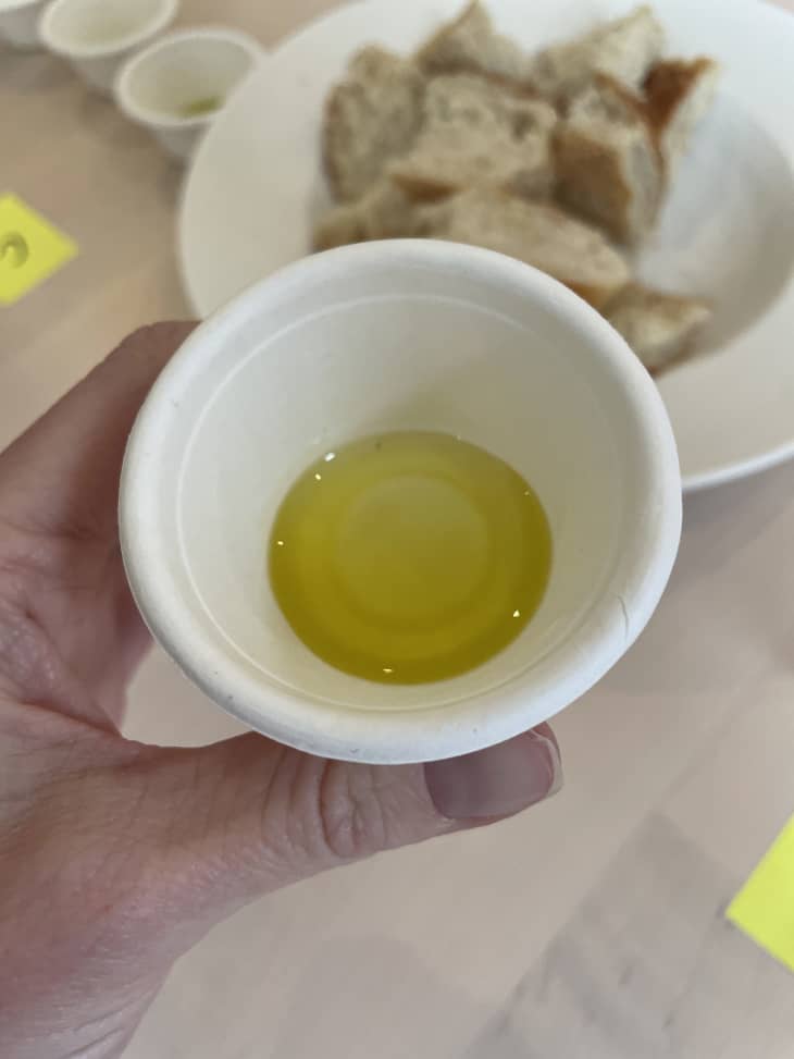 Small cup of olive oil, bowl of bread