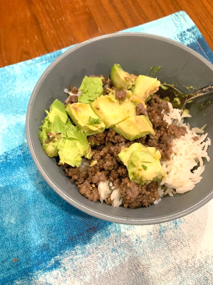 Thursday: Thai Quick Beef with rice cooked in the Instant Pot, avocado, shredded carrots, and sliced cucumbers.